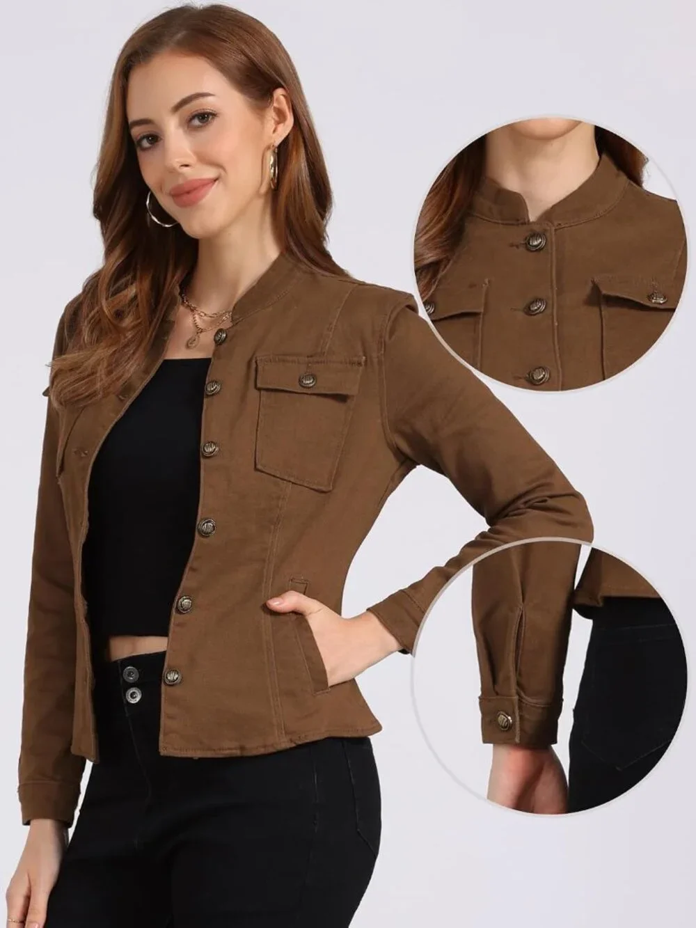 Women's Brown Classic Stand Collar Long Sleeve Denim Jackets Flap Chest Pockets